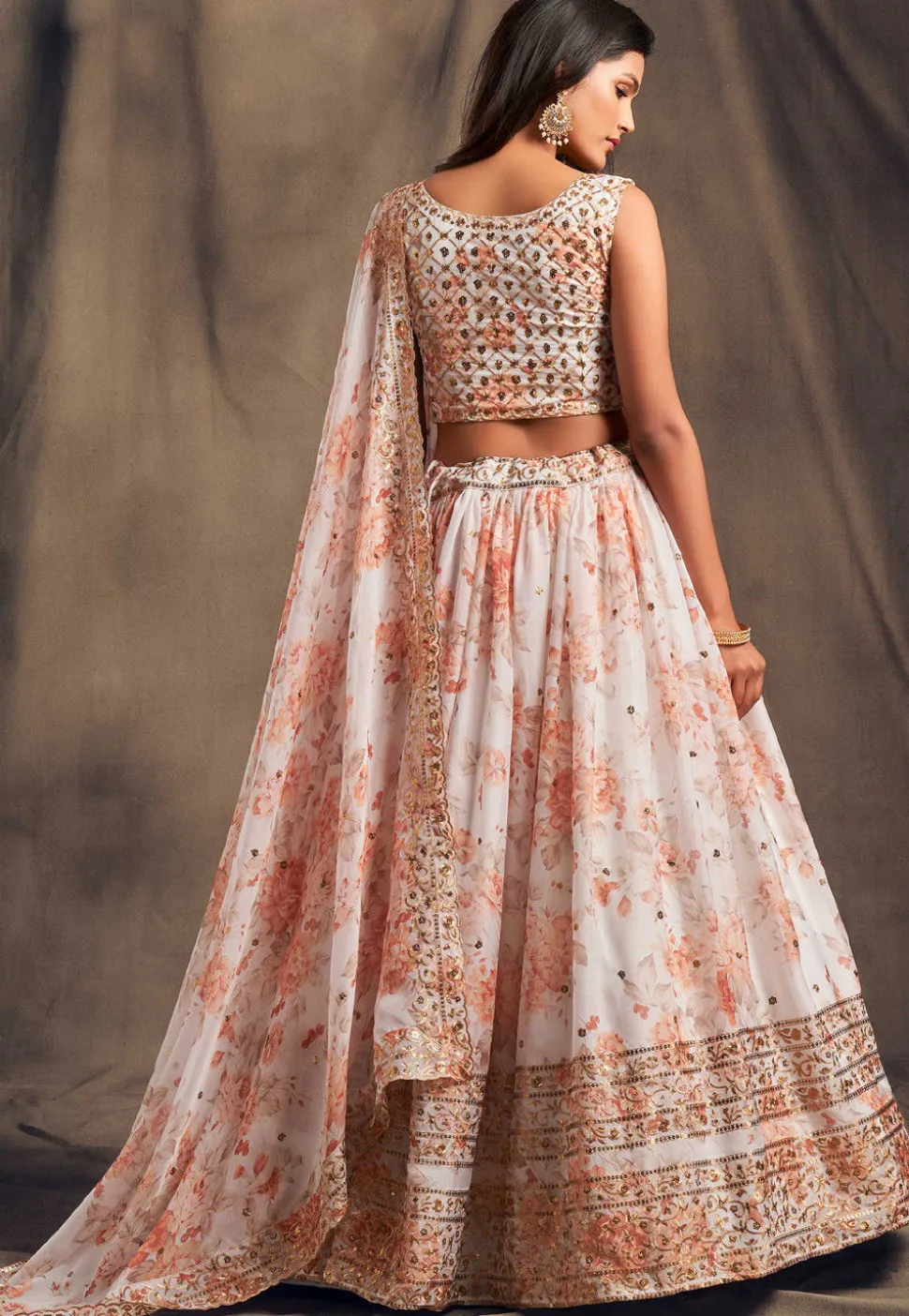Digital Printed Organza Lehenga in Off White