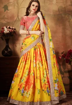Digital Printed Organza Lehenga in Mustard
