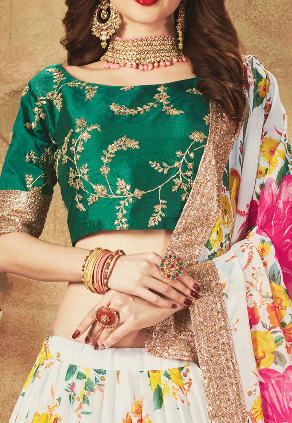 Digital Printed Organza Lehenga in Off White and Pink