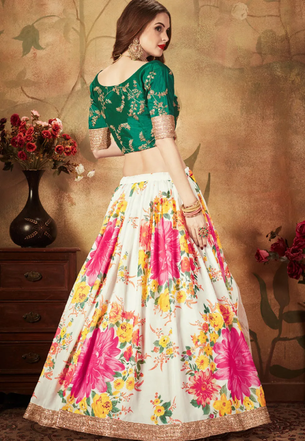 Digital Printed Organza Lehenga in Off White and Pink