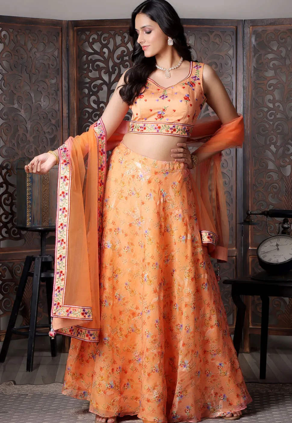 Digital Printed Organza Lehenga in Orange