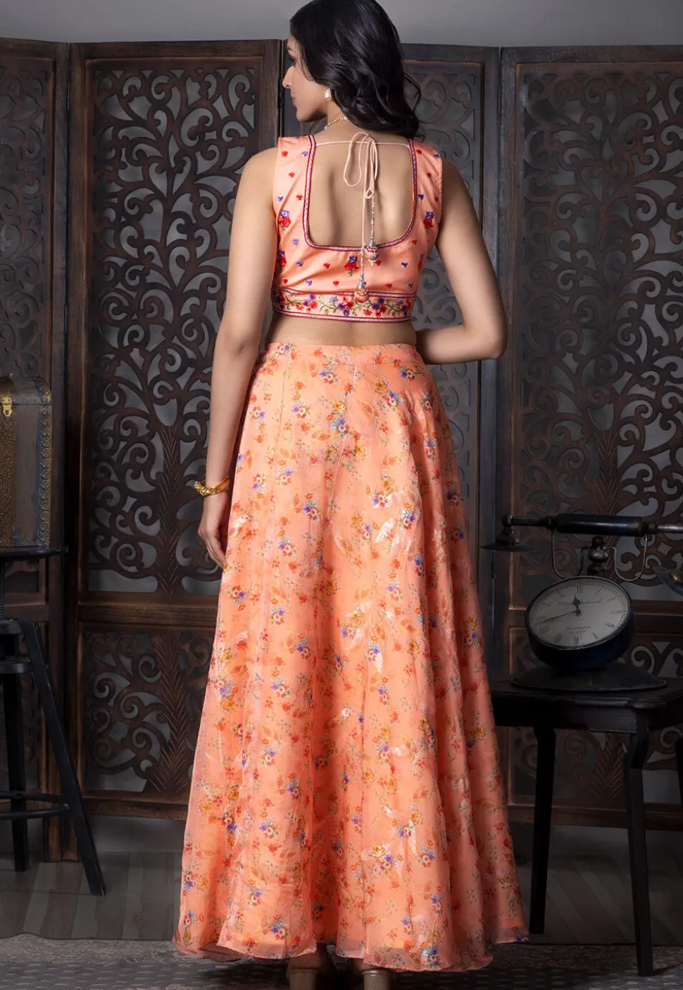 Digital Printed Organza Lehenga in Orange
