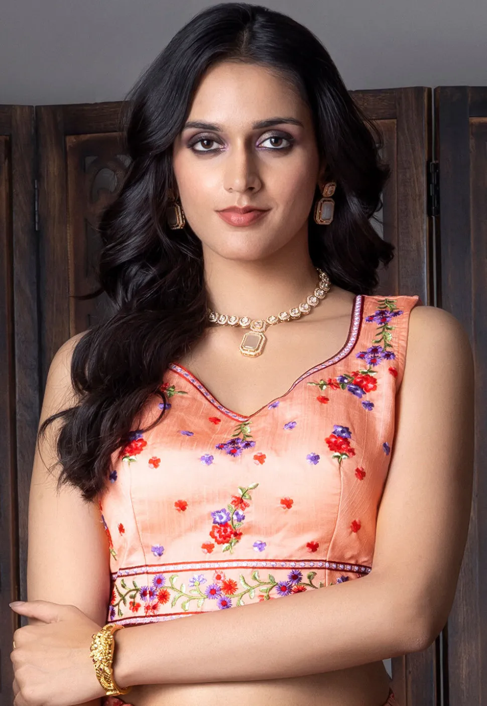 Digital Printed Organza Lehenga in Orange