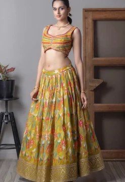 Digital Printed Organza Lehenga in Mustard