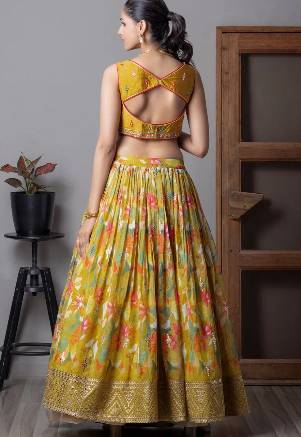 Digital Printed Organza Lehenga in Mustard