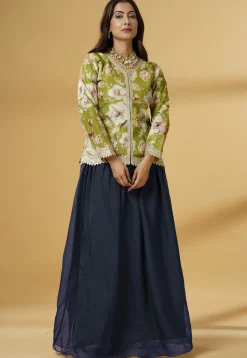 Digital Printed Organza Lehenga in Dusty Blue