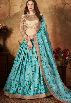Digital Printed Organza Lehenga in Blue