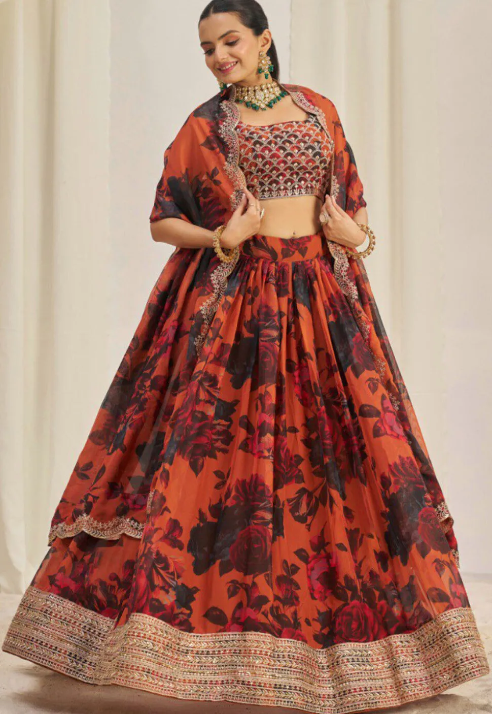 Digital Printed Organza Lehenga in Orange