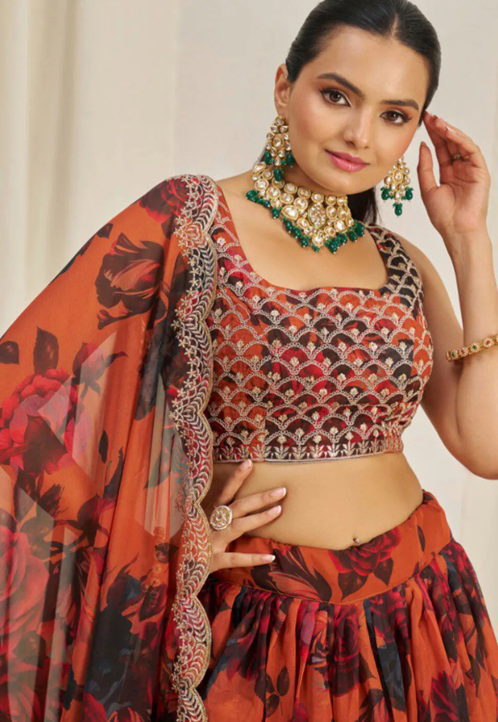 Digital Printed Organza Lehenga in Orange