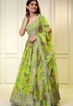 Digital Printed Organza Lehenga in Light Green