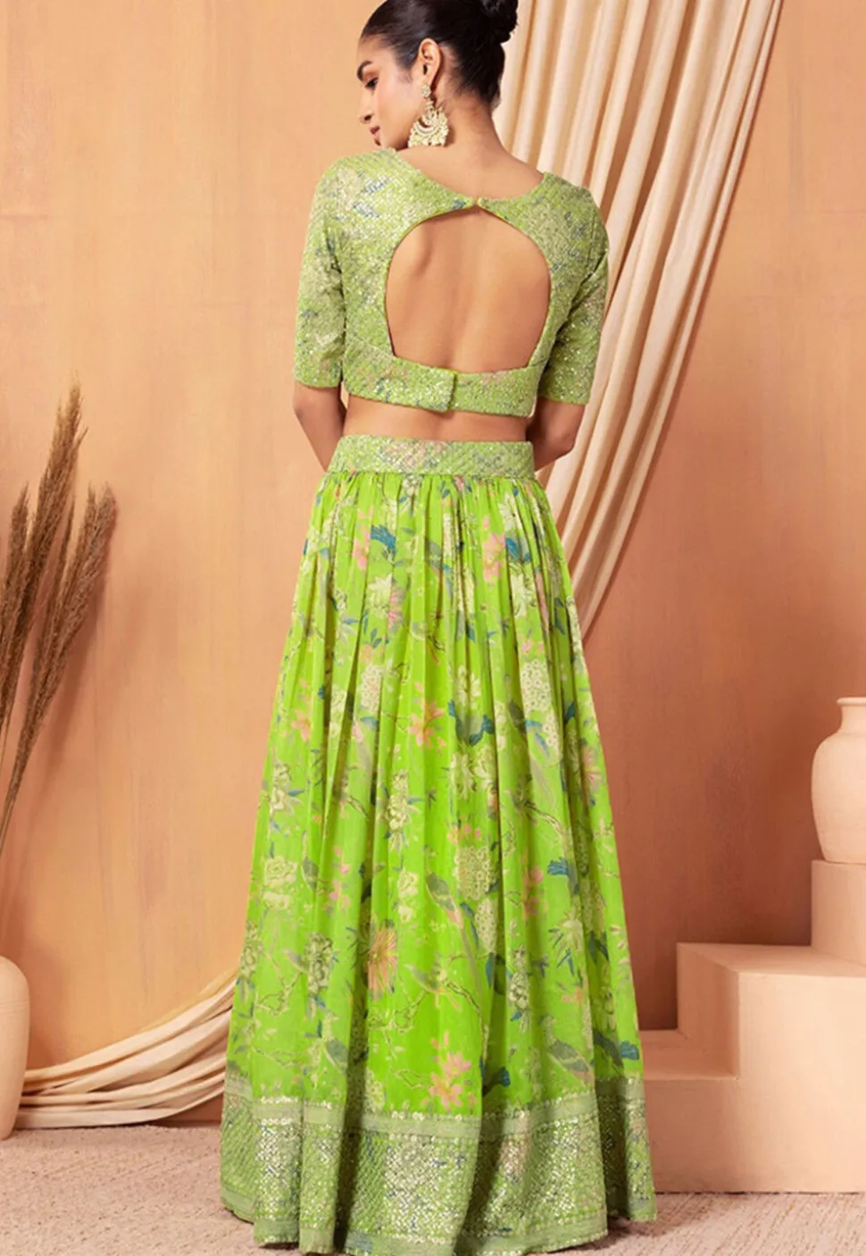 Digital Printed Organza Lehenga in Light Green