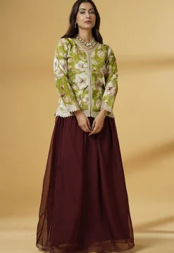Digital Printed Organza Lehenga in Maroon