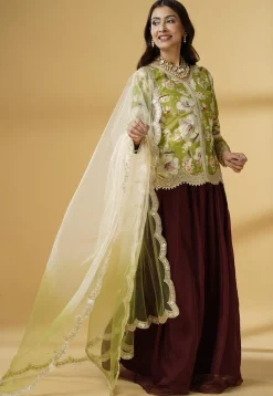 Digital Printed Organza Lehenga in Maroon