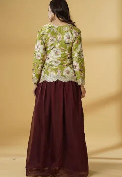 Digital Printed Organza Lehenga in Maroon