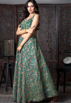 Digital Printed Organza Lehenga in Dark Green