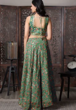 Digital Printed Organza Lehenga in Dark Green