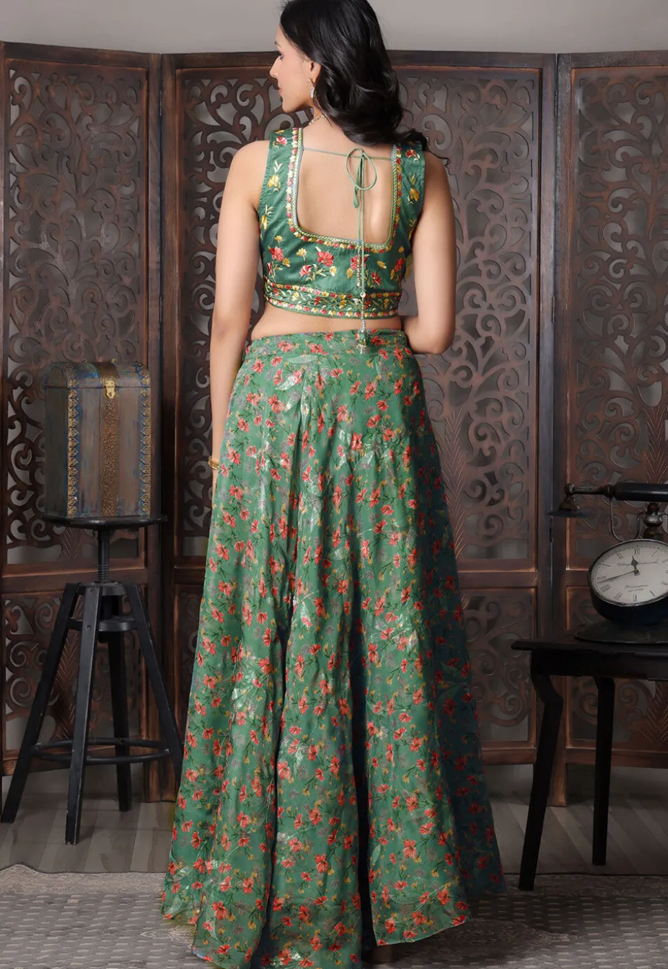 Digital Printed Organza Lehenga in Dark Green