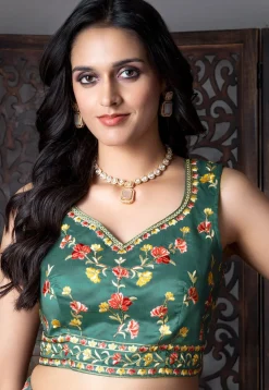 Digital Printed Organza Lehenga in Dark Green