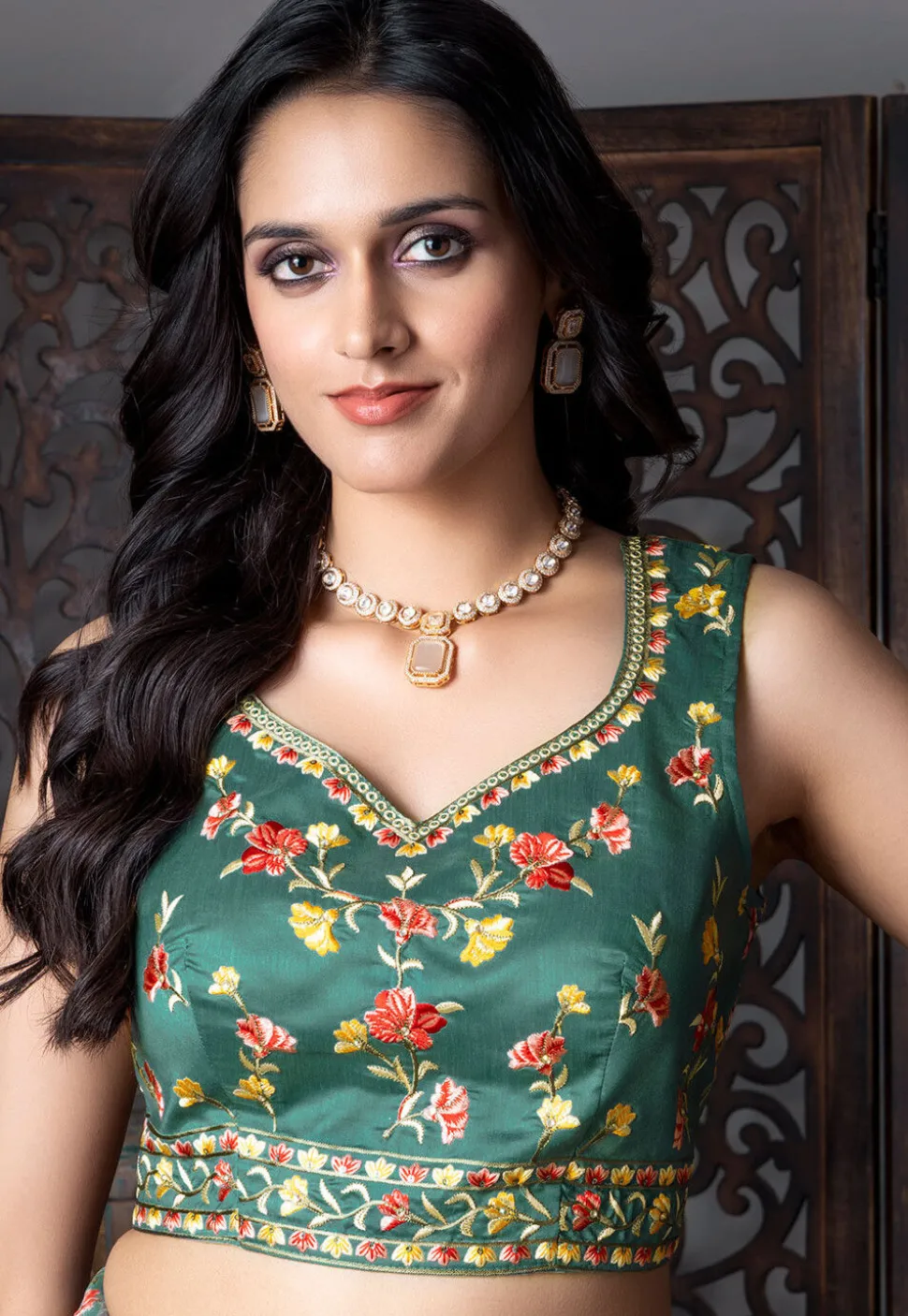 Digital Printed Organza Lehenga in Dark Green