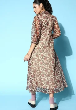 Digital Printed Organza Midi Dress in Beige
