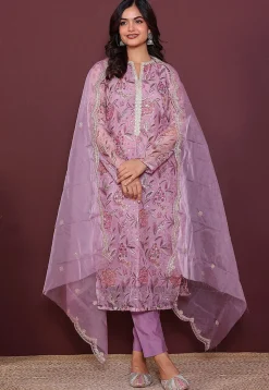 Digital Printed Organza Pakistani Suit in Purple