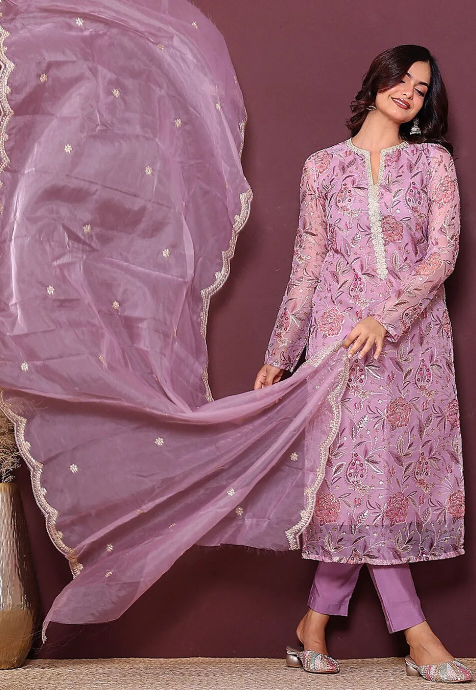 Digital Printed Organza Pakistani Suit in Purple