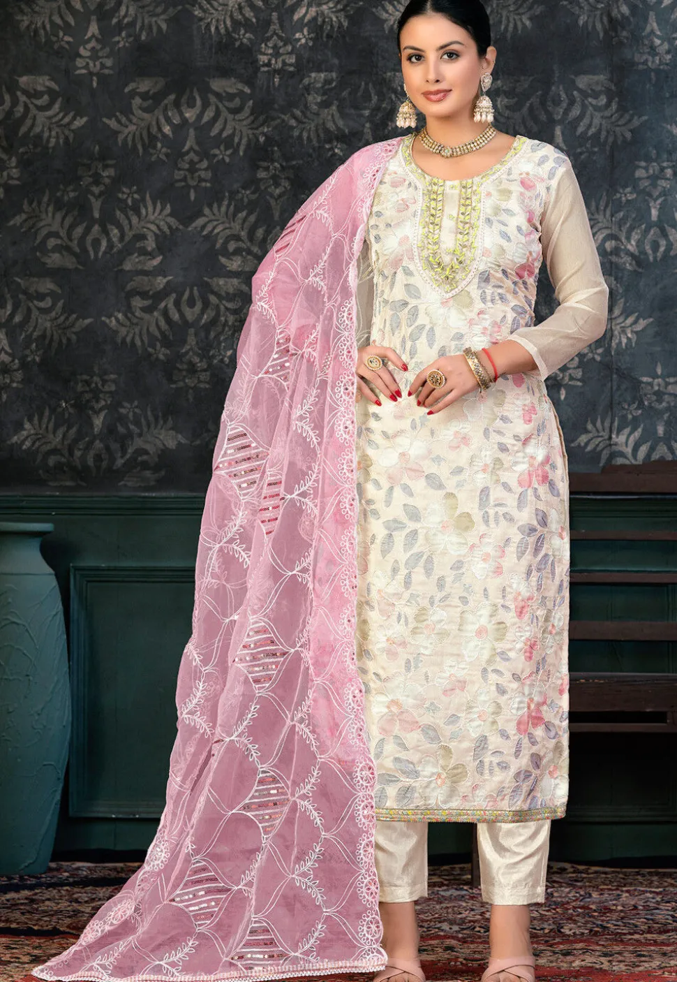 Digital Printed Organza Pakistani Suit in Off White