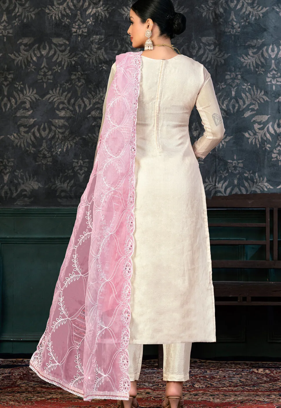 Digital Printed Organza Pakistani Suit in Off White