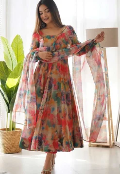 Digital Printed Organza Silk Aline Suit in Beige and Multicolor