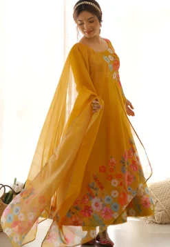 Digital Printed Organza Silk Anarkali Suit in Mustard