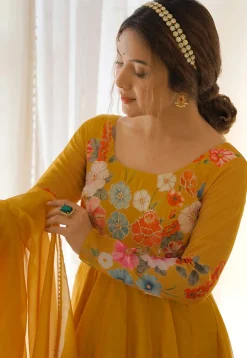 Digital Printed Organza Silk Anarkali Suit in Mustard