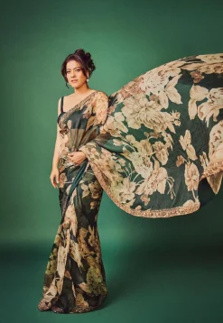 Digital Printed Organza Saree in Dark Green