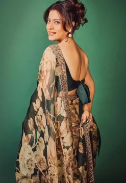 Digital Printed Organza Saree in Dark Green