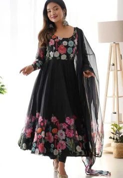 Digital Printed Organza Silk Anarkali Suit in Black