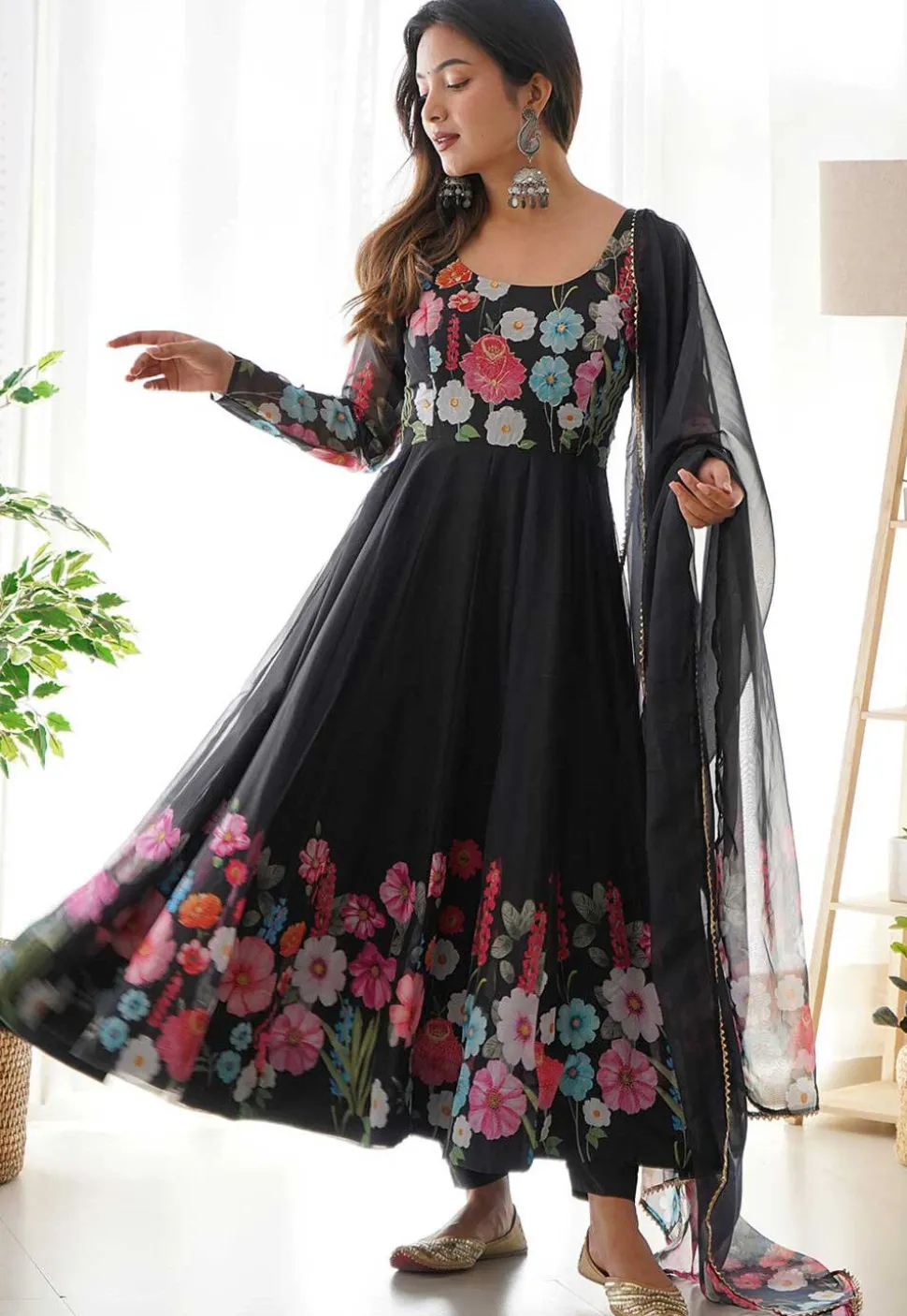 Digital Printed Organza Silk Anarkali Suit in Black