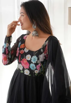 Digital Printed Organza Silk Anarkali Suit in Black