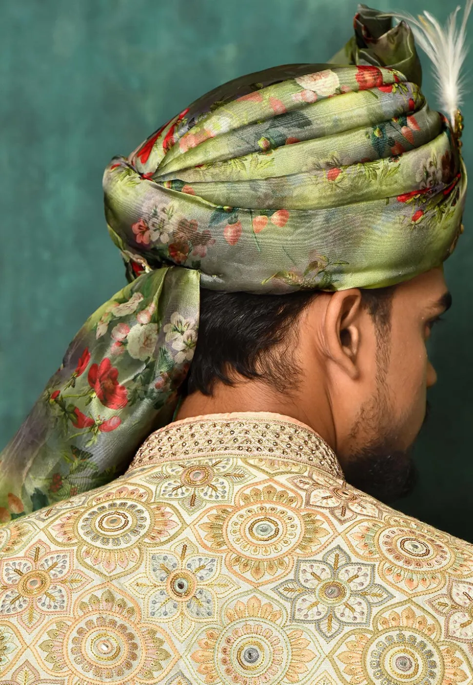 Digital Printed Organza Turban in Green and Multicolor