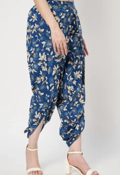 Digital Printed Poly Cotton Tulip Pant in Blue