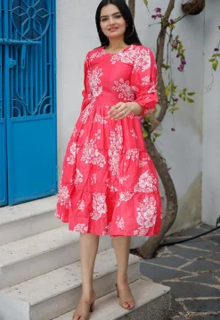 Digital Printed Polyester Aline Dress in Red