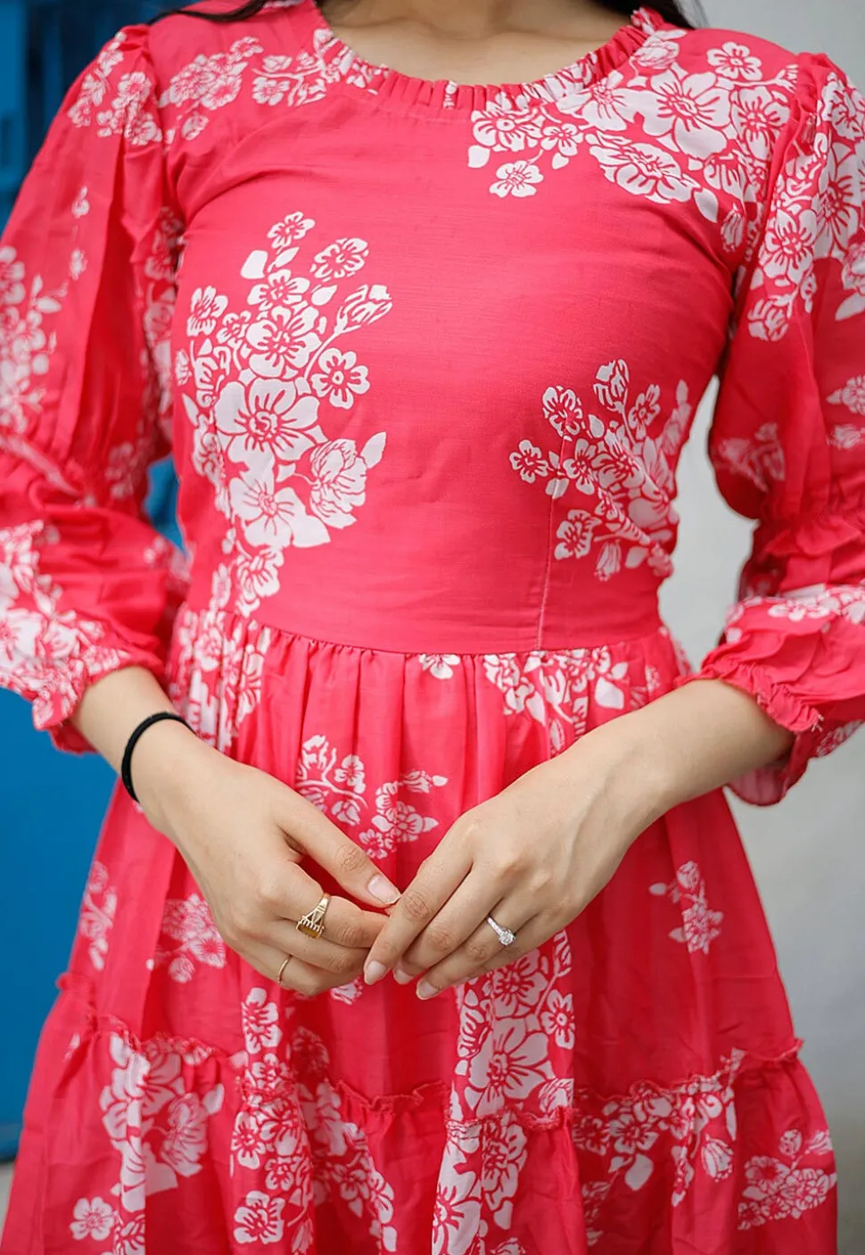 Digital Printed Polyester Aline Dress in Red