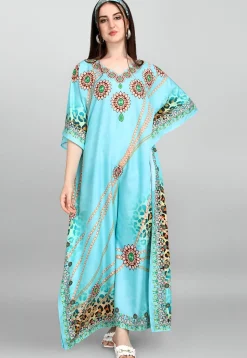 Digital Printed Polyester Kaftan in Light Blue