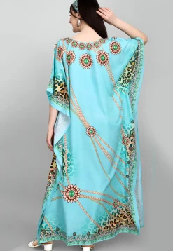 Digital Printed Polyester Kaftan in Light Blue