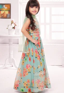Digital Printed Polyester Lehenga in Sea Green