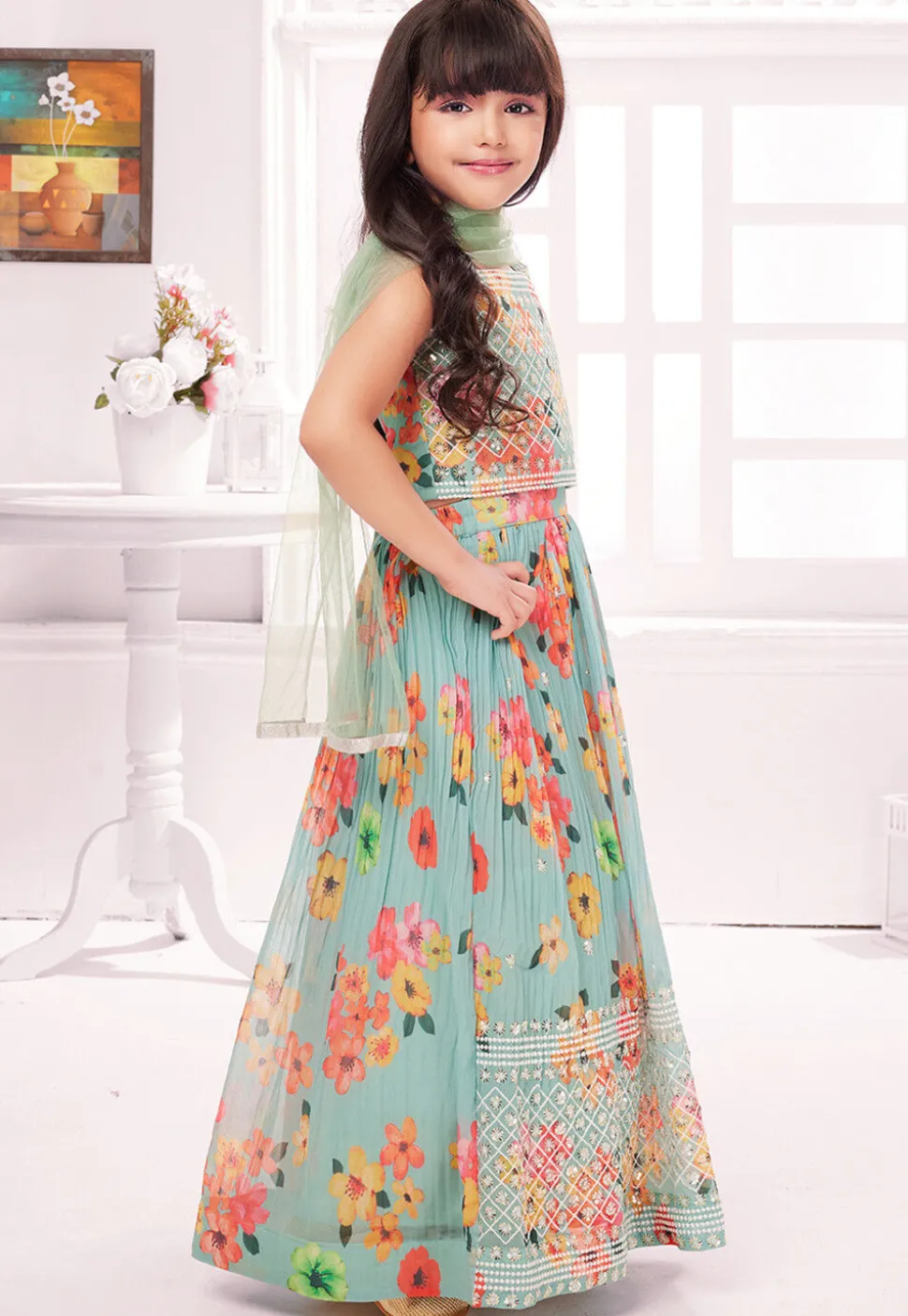 Digital Printed Polyester Lehenga in Sea Green