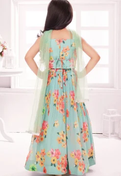 Digital Printed Polyester Lehenga in Sea Green