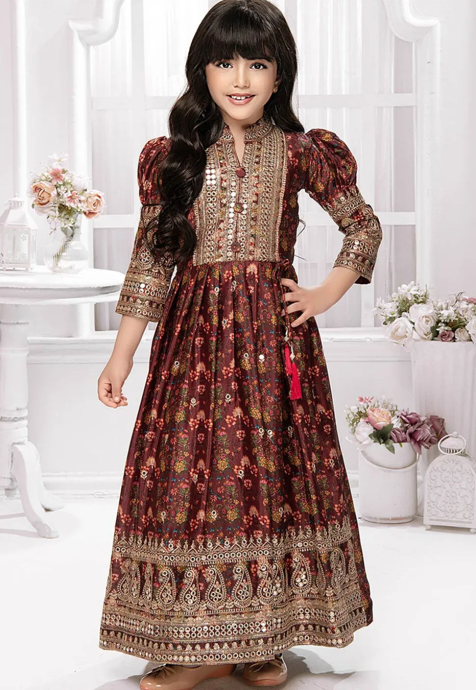 Digital Printed Polyester Gown in Maroon