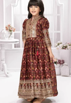 Digital Printed Polyester Gown in Maroon
