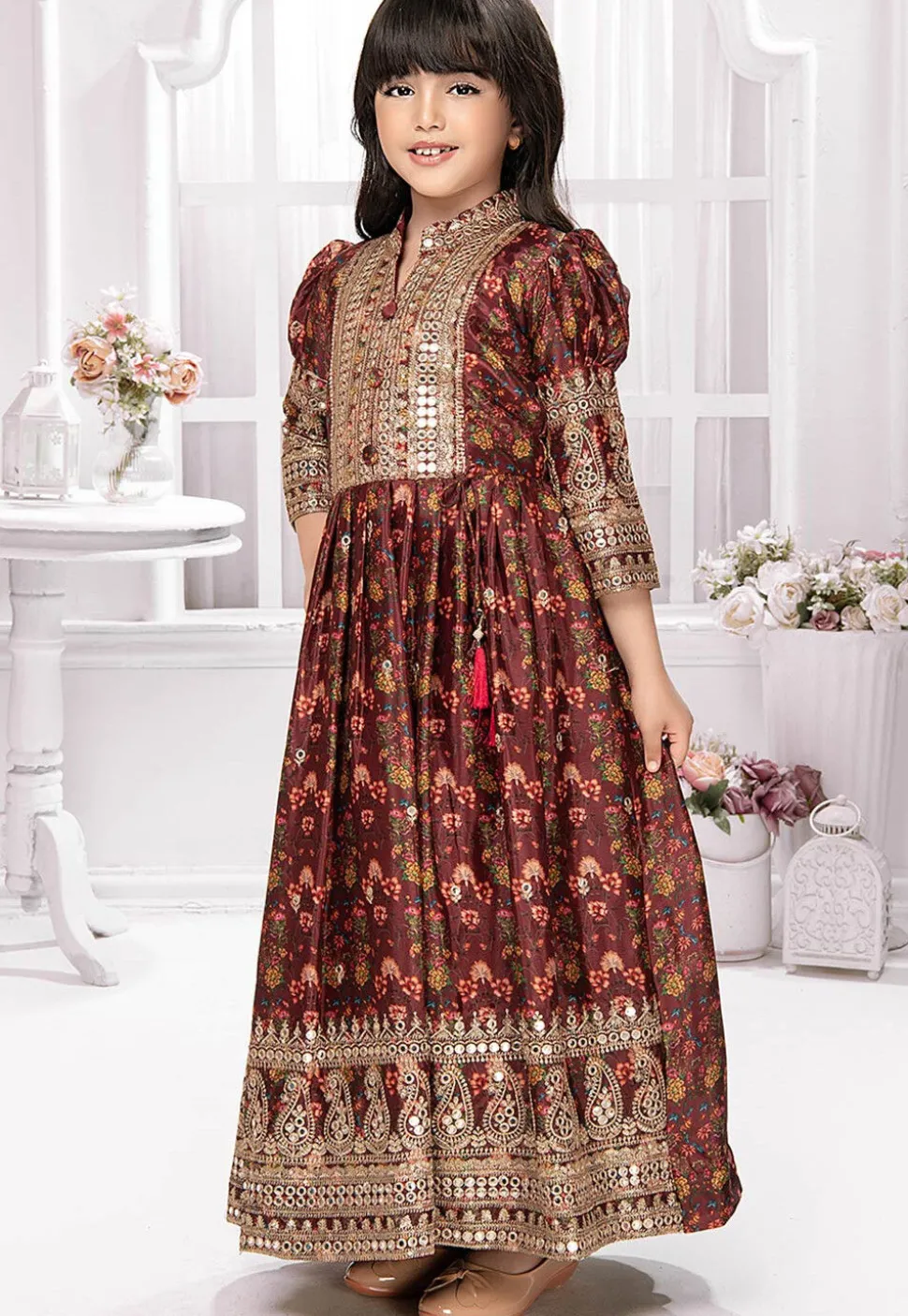 Digital Printed Polyester Gown in Maroon