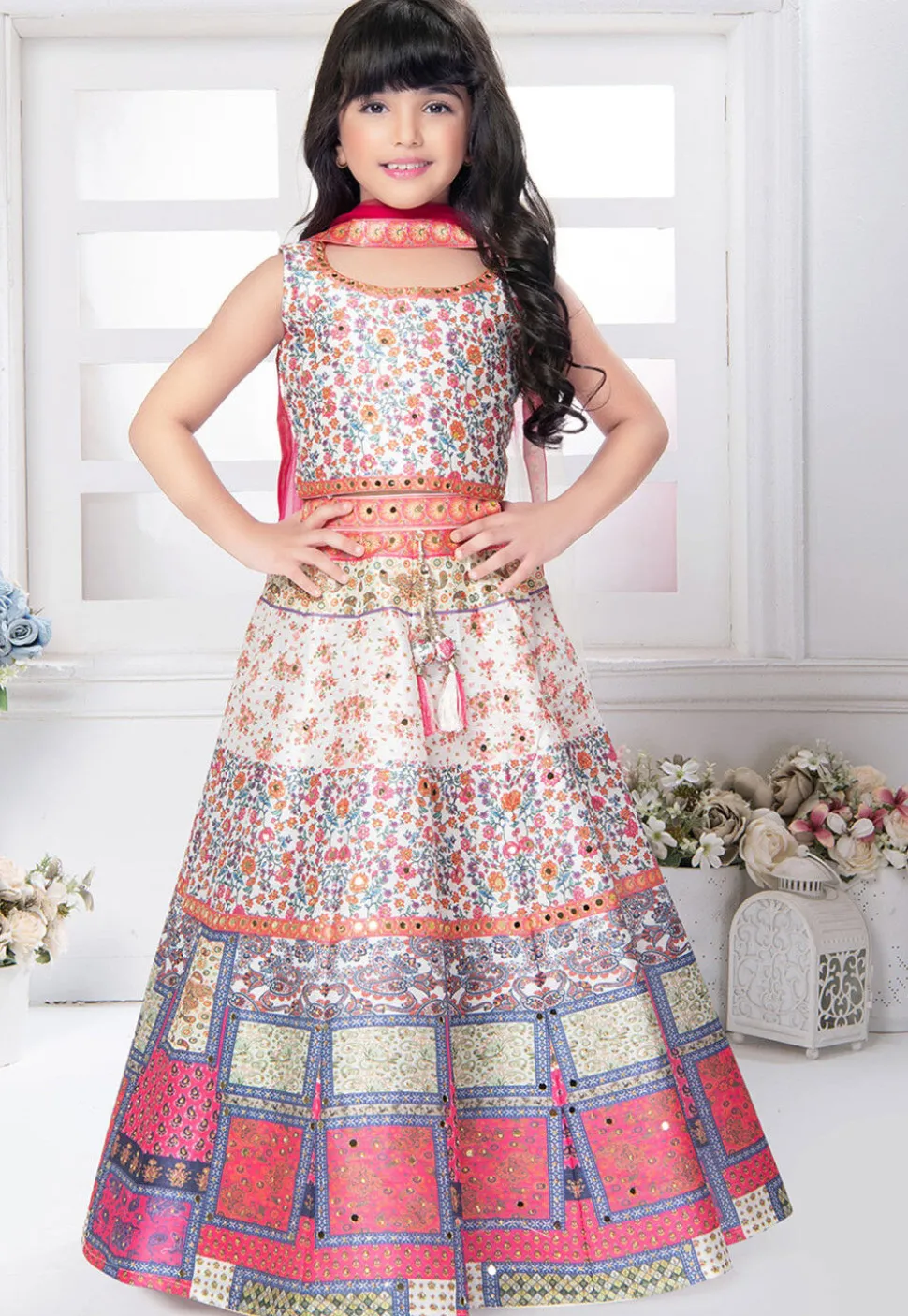 Digital Printed Polyester Lehenga in Off White and Multicolor