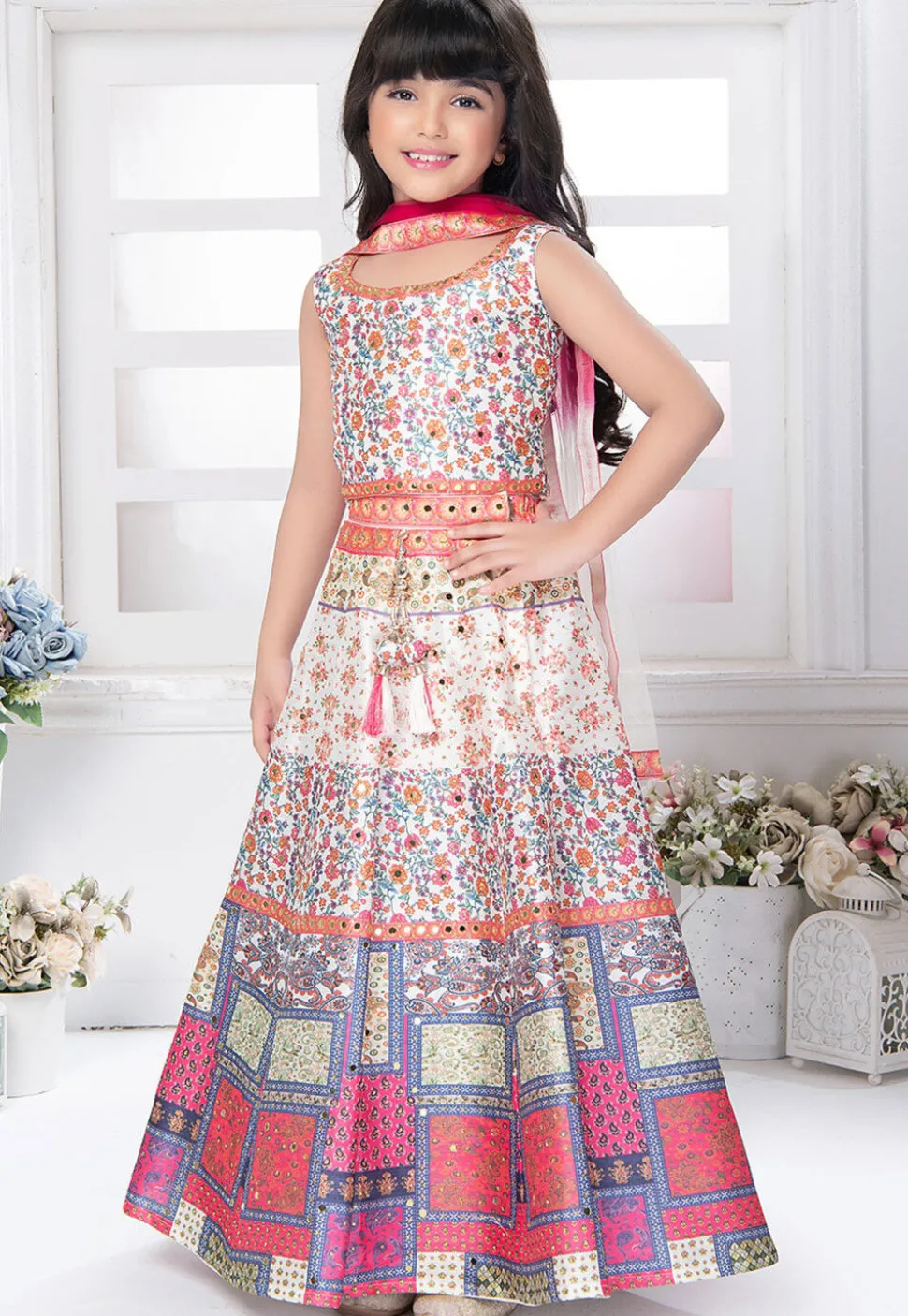 Digital Printed Polyester Lehenga in Off White and Multicolor